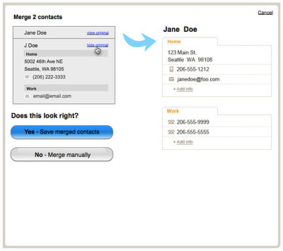wireframe: contact info merge screen